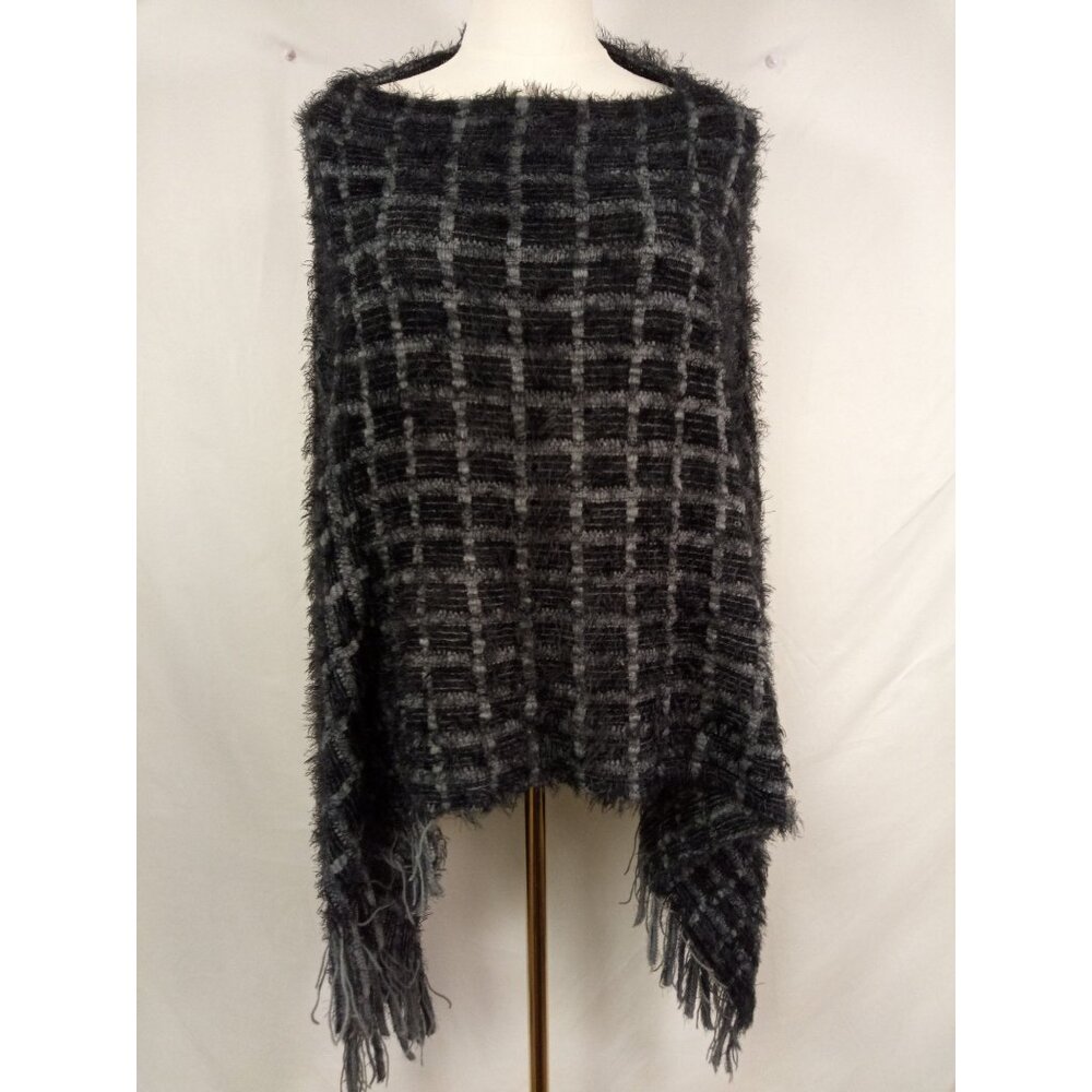 Women's Black Gray Shaggy Checkered Poncho One Size